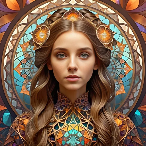 Prompt: full body elegant female brown color Fractal geometry on voronoi dressed, looking at viewer, photography, Stunning, long balayage one braided hair, detailed skin, extremely detailed face with eyes and iris, old manor Grease style realistic, photo-realistic,  surrounded by full color voronoi on newton julia clusters fractal sky background, full color Fractal geometry exists in the foreground knowledge of the world, diffused soft lighting, shallow depth of field, sharp focus, hyperrealism, cinematic lighting highest quality, highest detail, Cinematic, Long Exposure, ((1 woman))