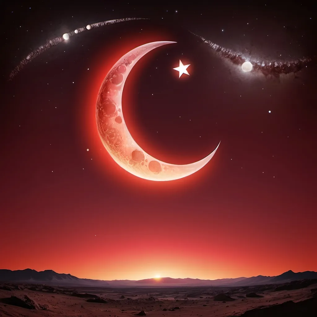 Prompt: crescent moon, five point star, red sky background, kuasar planets galaxies
