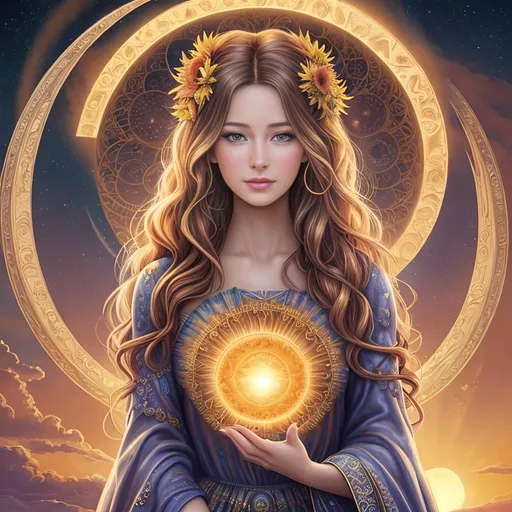 Prompt: {{{{highest quality concept art masterpiece}}}} digital drawing oil painting with full color fractal Formula: z² + c + (z² + c) / (3z³ + c) background in fibonacci spiral voronoi sky and sun and moon, Best looking woman in the world There is sun in her hair, with perfect composition, insanely detailed, highly detailed, good quality full HD,  brown skin, a sharp small nose, a black transparent shawl, brown eyes, a modest long full-sleeved black dress, full body and a castle background.

