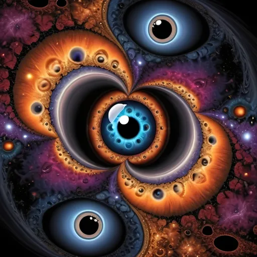 Prompt: Beautiful dreamy broken heart and small eye in planets and black holes, fractal pattern, flowing and vibrant colors and quasars
