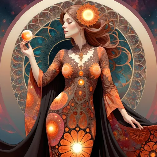 Prompt: full color voronoi on julia fractal background sky, side view, best looking full body big-breasted mature woman in the world, She has the moon in one hand and the sun in the other, vermilion black fractal abaya, a lacy transparent full dark color mandelbort fractal dress, with perfect composition, insanely detailed, highly detailed, good quality full HD,  white skin, a sharp small nose, brown eyes, a modest long full-sleeved full color mandelbort fractal dress

