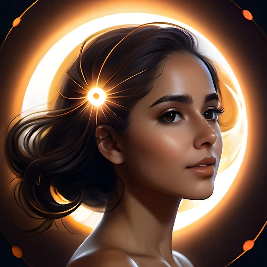 Prompt: full dark color mandelbrot clusters fractal space sun and moon background, Brown curl long Hair Attractive Female Character with Air Magic and halo, Naomi Scott, Elegant, Powerful, Romantic, HDR, High Definition, cinematic, deep shadows, wearing tribal cueitl, dynamic light, hyperrealism, definition, glowing eyes, facial symmetry  by Ilya Kuvshinov