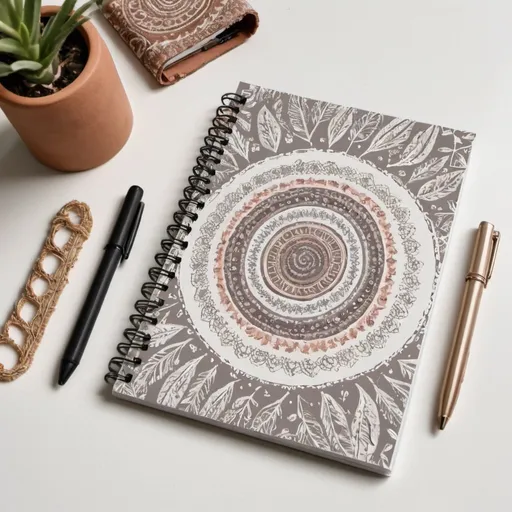 Prompt: A spiral notebook that you can see the cover. The spiral is on the right. Boho chic style
