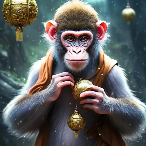 Prompt: Wise monkey monk with 3 floating nature orbs, ancient temple setting, detailed light fur with cool reflections, serene expression, mystical, detailed eyes, fantasy, detailed fur, skilled hands, professional quality, high res, cool tones, atmospheric lighting, ancient temple setting, floating metal orbs, wise, monkey, monk, full body, floating