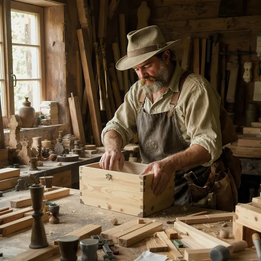 Prompt: Old time english woodworker making a toybox