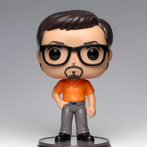 Prompt: Funko pop of Guy with black glasses and Dark Brown stubble, Dark Brown hair and wearing orange shirt and gray pants named Jim.