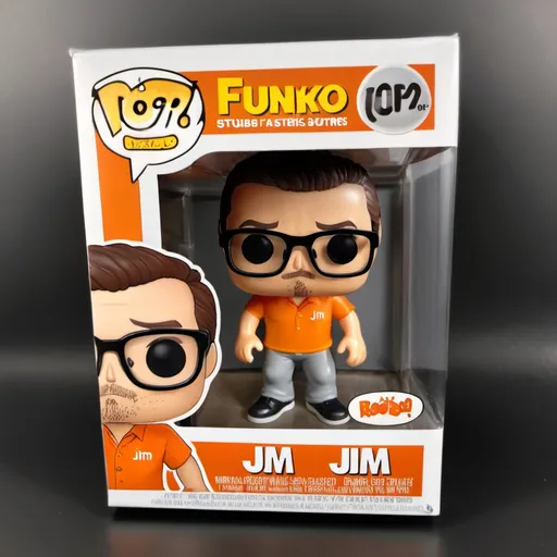 Prompt: Funko pop of Guy with black glasses and Brown stubble, Brown hair and wearing orange shirt and gray pants named Jim.