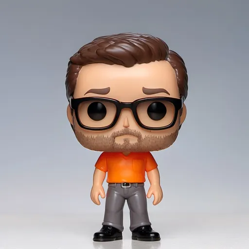 Prompt: Funko pop of Guy with black glasses and Brown stubble, Brown hair and wearing orange shirt and gray pants named Jim.