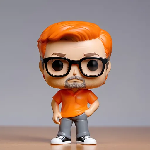 Prompt: Funko pop of Guy with black glasses and Brown stubble, wearing orange shirt and gray pants named Jim.