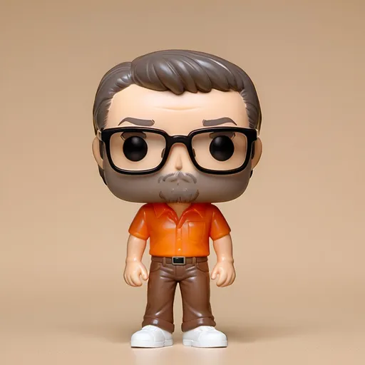 Prompt: Funko pop of Guy with black glasses and Brown stubble, Brown hair and wearing orange shirt and gray pants named Jim.