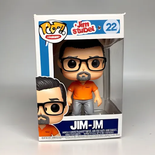 Prompt: Funko pop of Guy with black glasses and Brown stubble, wearing orange shirt and gray pants named Jim.