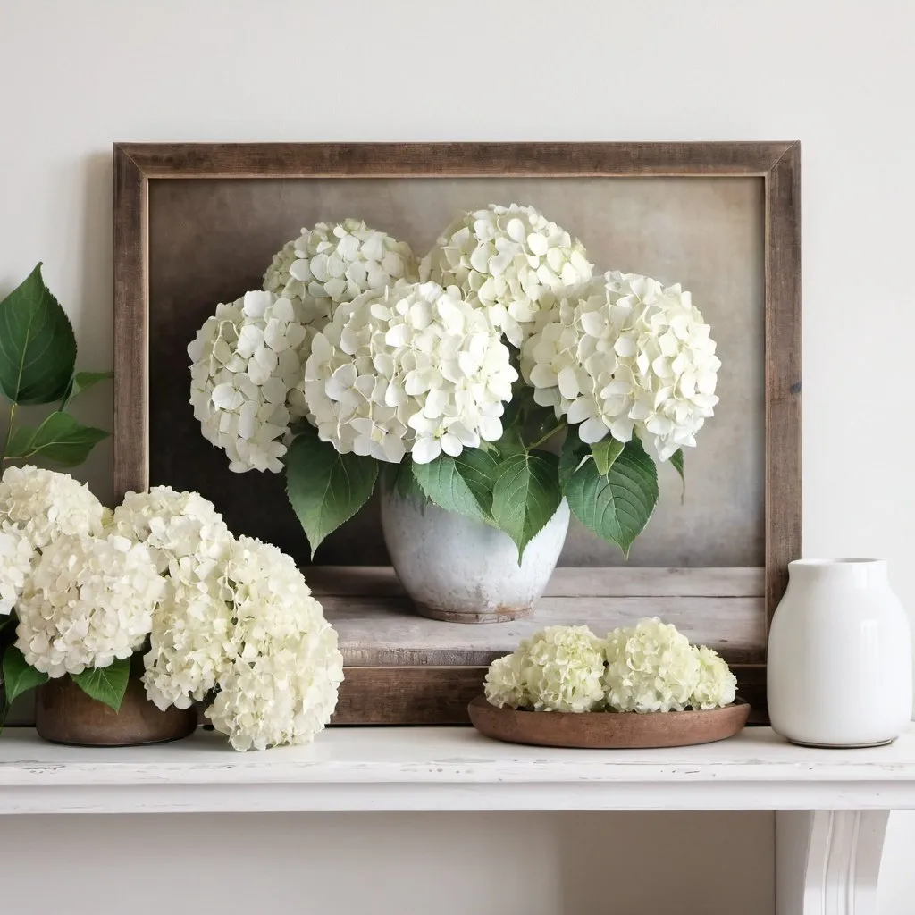 Prompt: White Hydrangeas still life, Spring Samsung Frame tv art rustic farmhouse, Neutral floral tv artwork cottage decor