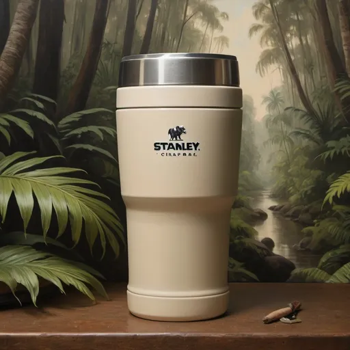 Prompt: stanley thermal cup in a oil painting characteristic in a exotic florest and the brand is highlighted in the cup;

keep the cup with the original colour (beige). 

Use this image as a baseline:
https://www.stanley1913.com/cdn/shop/files/Web_PNG_Square-TheStay-ChillStackingPint16OZ-Ash2.0-Front.png?v=1713999389&width=1515