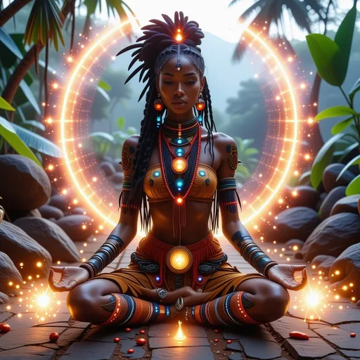 Prompt: A beautiful woman in tribal attire is meditating in the Terras Indígenas, experiencing a powerful Kundalini awakening. The setting reflects Tupinipunk aesthetics, blending traditional indigenous elements with futuristic, cyberpunk-inspired designs. The woman is surrounded by glowing, ethereal energy, representing the awakening of her Kundalini. Her attire is rich with intricate patterns, feathers, beads, and other natural elements, while neon accents and technological details intertwine with the natural surroundings. The background features the lush landscape of the Terras Indígenas, with vibrant flora and futuristic elements woven into the scenery. The atmosphere is serene yet powerful, blending spiritual awakening with a unique futuristic tribal aesthetic.