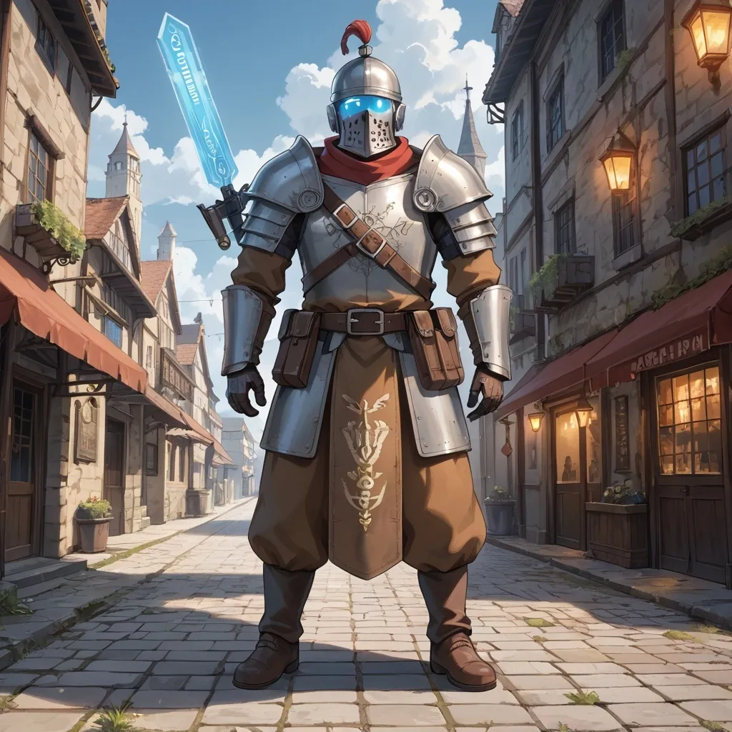 Prompt: A Mythpunk bounty hunter in a medieval city, depicted in an intense and gritty style. The hunter is wearing armor that combines medieval craftsmanship with glowing, futuristic enhancements and adorned with mystical runes. They carry ancient futuristic weapons, such as an energy crossbow and a glowing sword inscribed with arcane symbols. The setting is a medieval cityscape with cobblestone streets, towering stone buildings, and futuristic elements like holographic banners and magical neon lights. The atmosphere is dark and foreboding, with a sense of danger and intrigue permeating the scene.