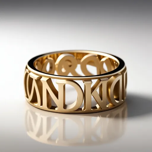 Prompt: A table top  front view of a gold ring featuring 20 large English letters sculpted in a circle creating the band.  the letters are interwoven in a single row. The design is bold, with a continuous flowing pattern of letters, and the gold has a polished, warm glow. The background is clean and white, focusing all attention on the sleek and modern design of the ring.