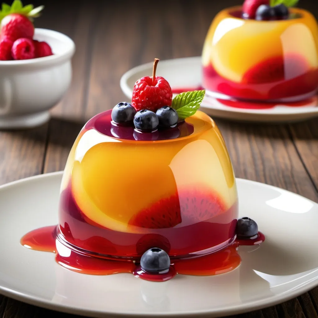 Prompt: fruit pudding with fruit vinegar syrup inside