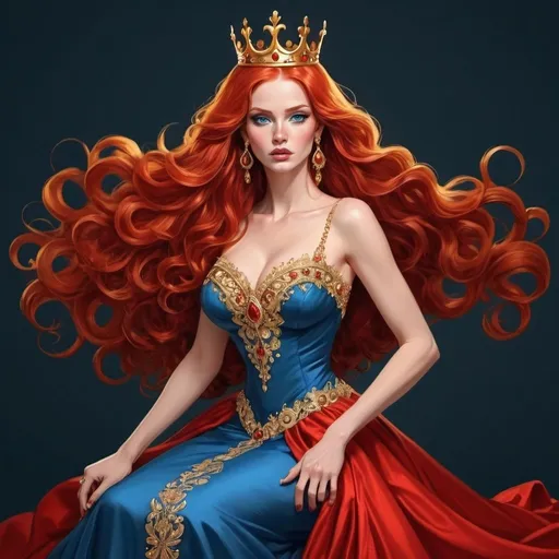 Prompt: A beautiful cartoon  Art of a women with very long red hair wave blue eyes elegant gown the color red with lots of gold and earrings elegant siting in a thrown with a crown on her head very powerful illustrative high digital art 
