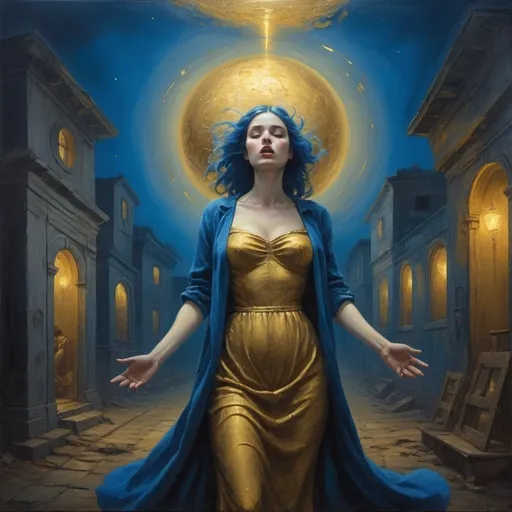 Prompt: Illustrative classic oil painting blue machine with golden lights  transporting into another world with a women inside desperate and lonely in the fool dark art definition quality colorized and beautiful 