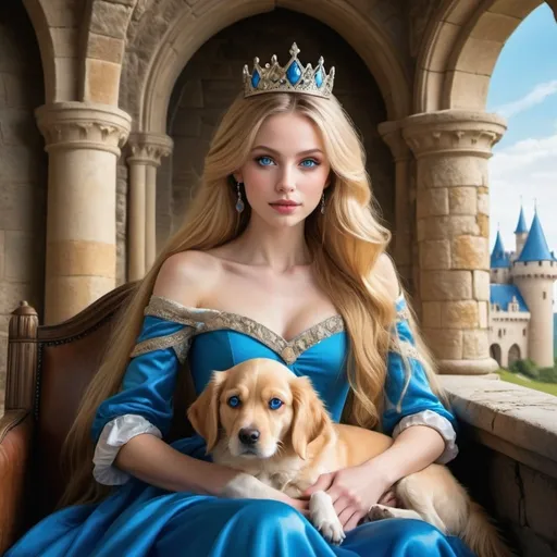 Prompt: An elegant beautiful Attractive  Princess long golden hair   Blue eyes  inside a castle with her dog in her lap  illustrative Captive design ,  colorful , with great detalhes 