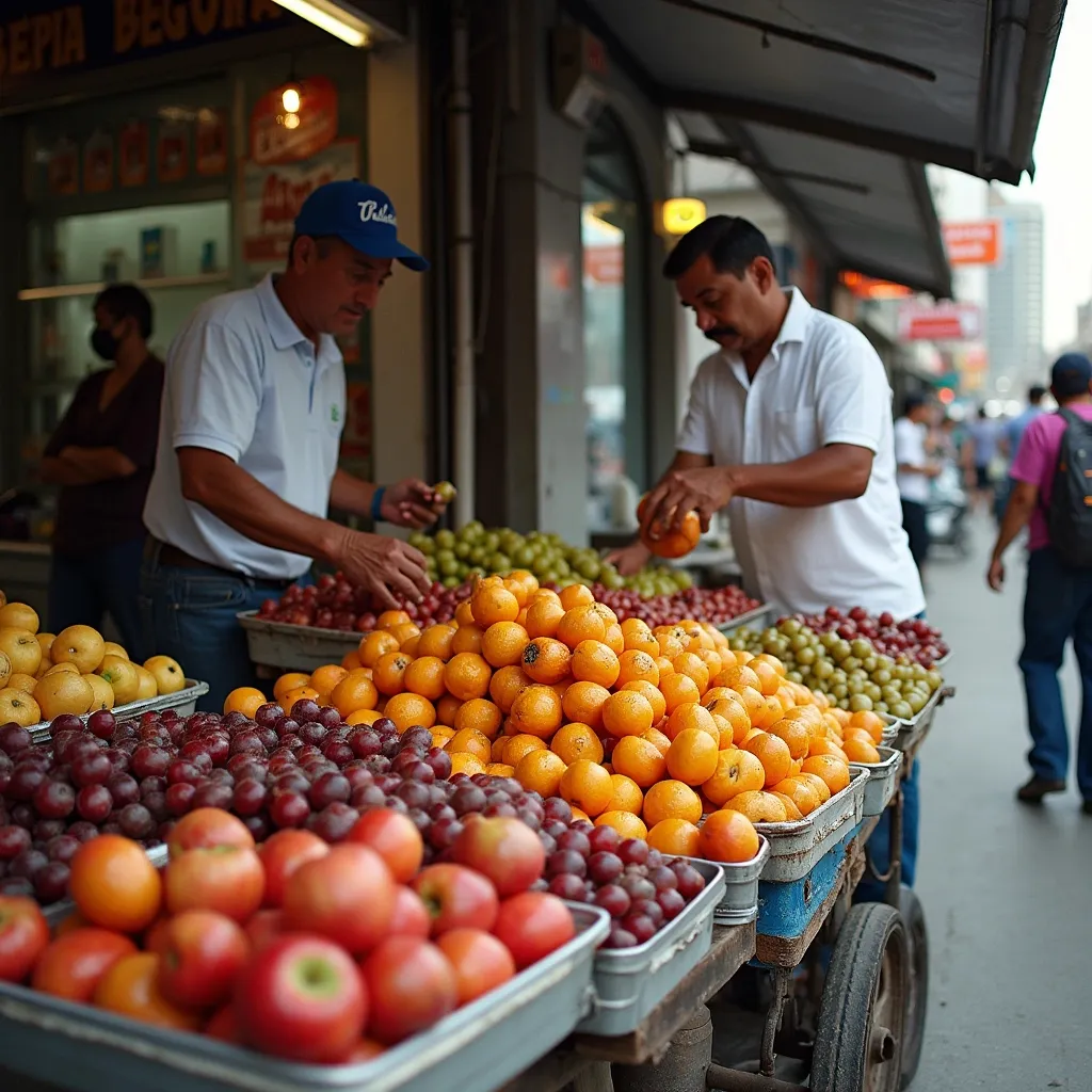 Prompt: STREET VENDORS IN MONTERREY MEXICO SELLING FRESH PREPARED FRUIT FOR IMMEDIATE CONSUMPTION
