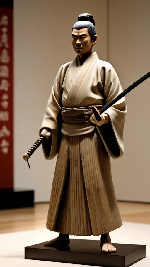 Prompt: Revised AI Instructions: "A highly detailed 3D statue made from expensive teakwood fronds of a Japanese swordsman wearing traditional Aikido attire. The figure stands in a powerful stance in a museum-like setting, surrounded by other classical statues. The swordsman holds two swords: one in his left hand to block and one in his right hand ready to strike. The swordsman is depicted in flowing fabrics that mimic fighting movements, with intricate textures on his clothing and armor. The environment reflects a mix of natural and man-made elements, blending organic textures of wood and stone. The scene is dramatic, with the swordsman exuding a sense of poise and control. The lighting casts soft shadows, enhancing the intricate details of the figure and the ambiance of the gallery space."