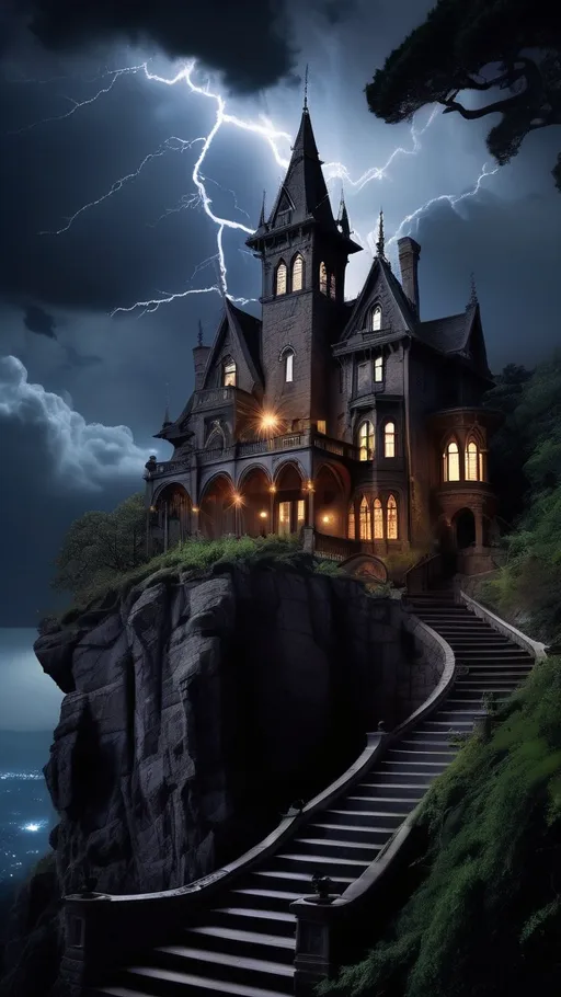 Prompt: A massive, dark gothic mansion perched atop a steep, rocky cliff under a stormy night sky. The mansion features tall spires, pointed roofs, and intricate windows. Lightning strikes in the background, illuminating the eerie structure. A winding staircase leads up the cliffside, surrounded by tangled vines and twisted tree roots. The scene exudes a sense of foreboding, mystery, and supernatural presence, with dim lights flickering from the windows of the mansion."