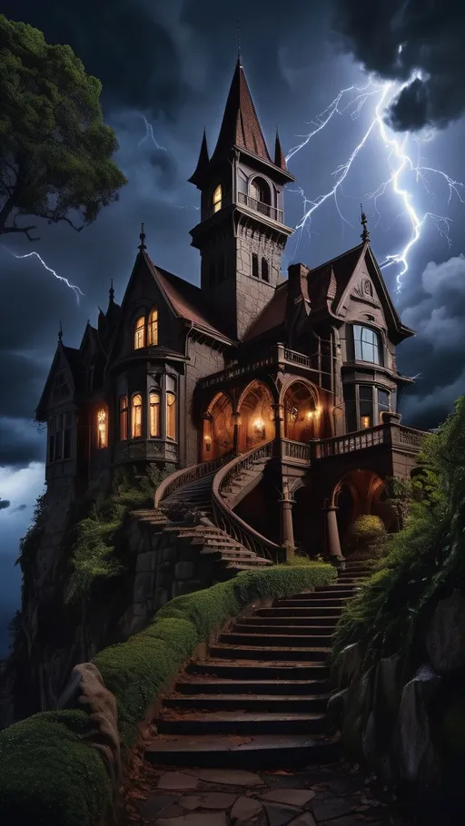 Prompt: A massive, dark gothic mansion perched atop a steep, rocky cliff under a stormy night sky. The mansion features tall spires, pointed roofs, and intricate windows. Lightning strikes in the background, illuminating the eerie structure. A winding staircase leads up the cliffside, surrounded by tangled vines and twisted tree roots. The scene exudes a sense of foreboding, mystery, and supernatural presence, with dim lights flickering from the windows of the mansion."