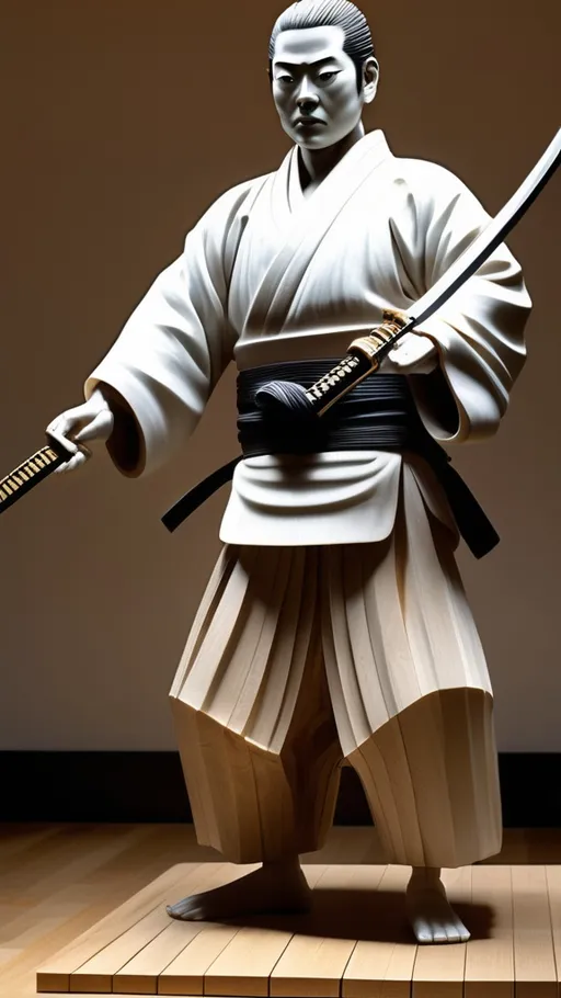 Prompt: Revised AI Instructions: "A highly detailed 3D statue made from expensive teakwood fronds of a Japanese swordsman wearing traditional Aikido attire. The figure stands in a powerful stance in a museum-like setting, surrounded by other classical statues. The swordsman holds two swords: one in his left hand to block and one in his right hand ready to strike. The swordsman is depicted in flowing fabrics that mimic fighting movements, with intricate textures on his clothing and armor. The environment reflects a mix of natural and man-made elements, blending organic textures of wood and stone. The scene is dramatic, with the swordsman exuding a sense of poise and control. The lighting casts soft shadows, enhancing the intricate details of the figure and the ambiance of the gallery space."