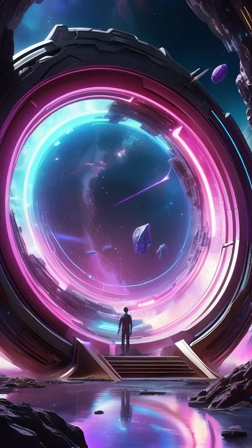 Prompt: "Create a highly detailed sci-fi scene featuring a massive, circular interdimensional portal. The portal is set within an advanced, metallic structure, with industrial designs and futuristic technology visible around its edges. In the center of the portal, a vibrant cosmic nebula swirls, displaying shades of pink, purple, and blue, along with floating debris like asteroids. The portal appears to be a gateway to another galaxy or dimension. Surround the structure with dark, mysterious surroundings, suggesting a hidden, advanced base deep within a mountainous or cliff-side setting."