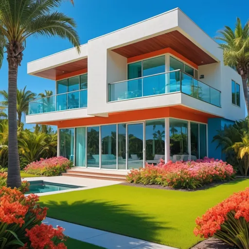 Prompt: Modern house near ocean, palm trees, blue sky, garden flowers, high quality, modern art style, vibrant color tones, natural lighting