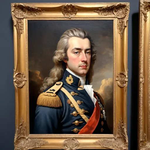 Prompt: 1756 oil painting on canvas, Young, Long Hair, Admiral of his Britannic Majesties Royal Navy, Sir Johnathan William Amberbeard, Knight of the bath