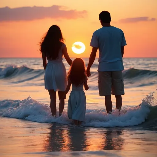 Prompt: Sea, sunset, waves, tranquility, love, family, chilldren 