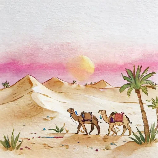 Prompt: Magical desert dunes at sunset, with a caravan of camels trekking through the golden sand, and an oasis with palm trees visible on the horizon."