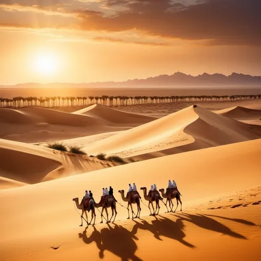 Prompt: Magical desert dunes at sunset, with a caravan of camels trekking through the golden sand, and an oasis with palm trees visible on the horizon."