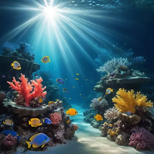 Prompt: Underwater realm, coral reefs, exotic fish, beams of light.