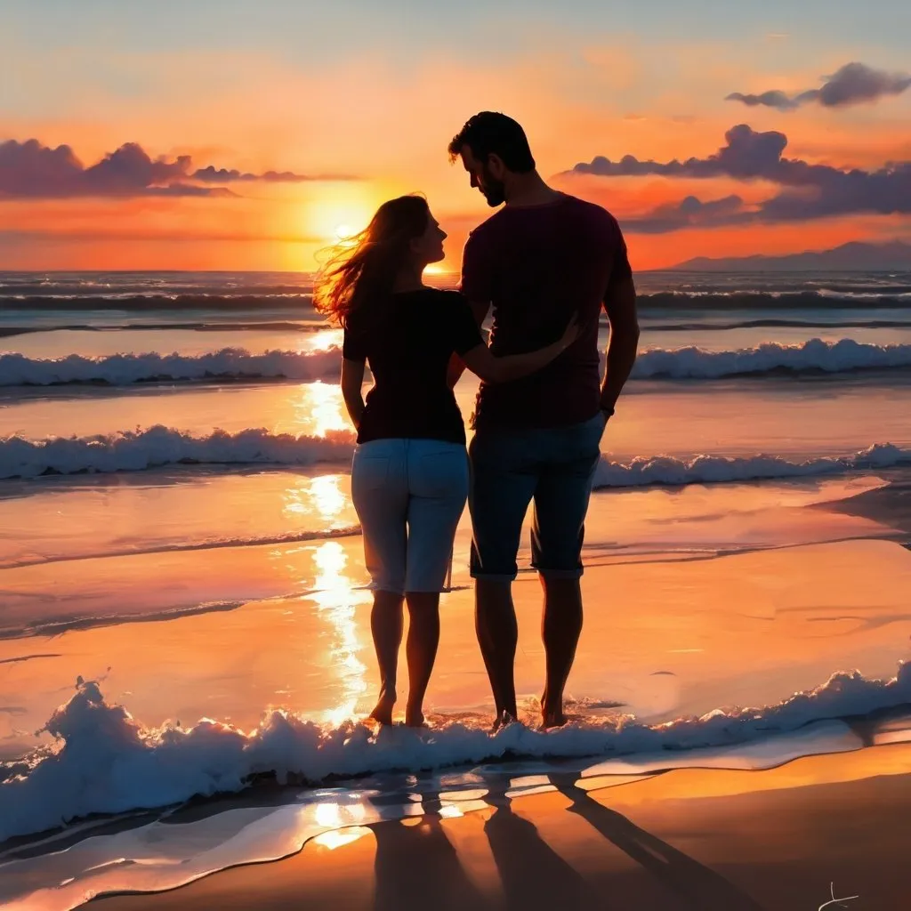 Prompt: Sea, sunset, woman, man, girl, family, family relationship, beach, love.