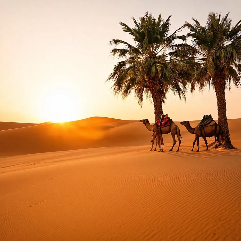 Prompt: Desert dunes, sunset, camel caravan, golden sand, oasis, palm trees