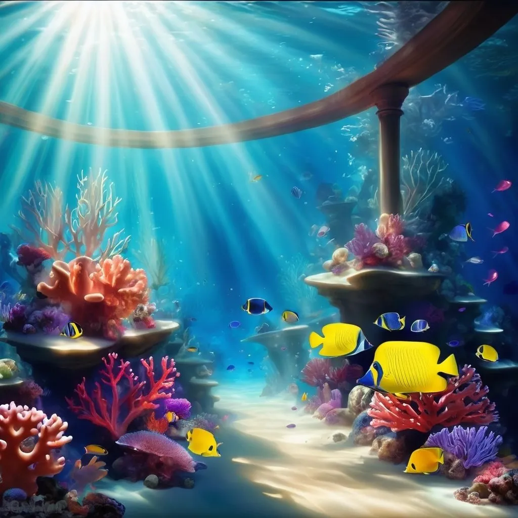 Prompt: Underwater realm, coral reefs, exotic fish, beams of light.