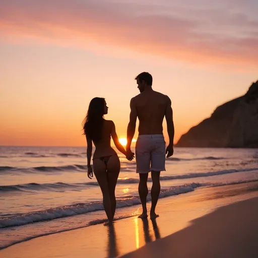 Prompt: Sea, sunset, woman, man, girl, beach, 