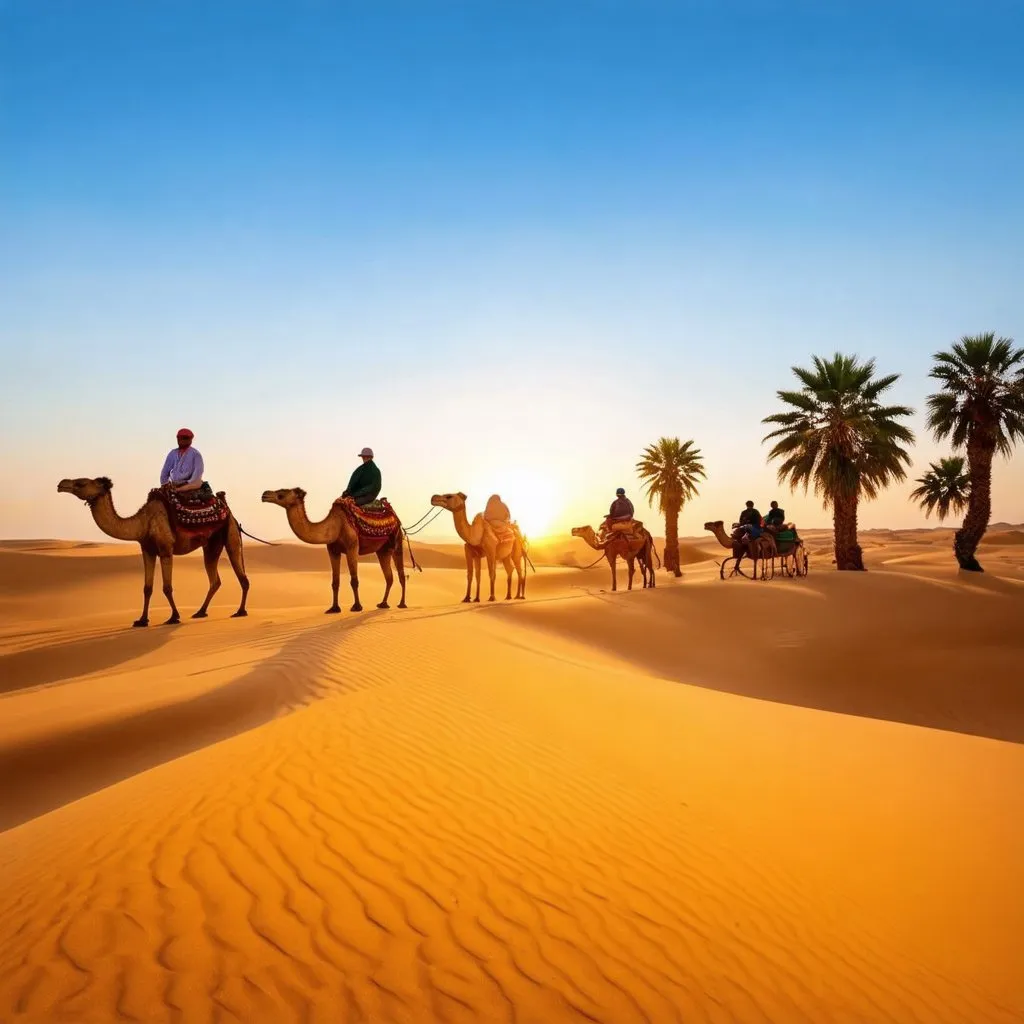 Prompt: Desert dunes, sunset, camel caravan, golden sand, oasis, palm trees