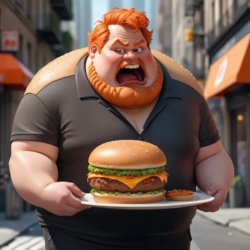 Prompt: a fat man holding a plate of food in front of a city street with a giant burger in his hand, Cedric Seaut (Keos Masons), les nabis, character art, a character portrait orange hair