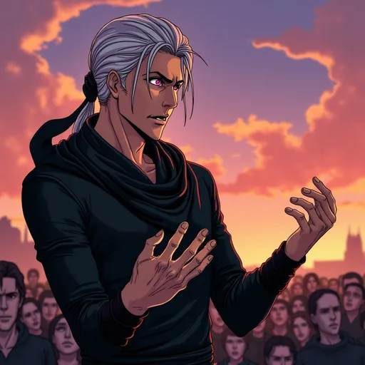 Prompt: (futuristic-vaporwave style image), (athletic average man), long silver hair tied in a low ponytail, (pink eyes), wearing a black robe with simple tight cuffs, embodying arrogance and anger, wide eyes reflecting a dark intensity, heavily accented dark circles around the eyes, draped scarf, hands gesturing dramatically as he gives a speech to a distant crowd, pastel colors blending into the vibrant scene, orange pink purple red, brown, green, (highly detailed), (mood: depressing, intense).