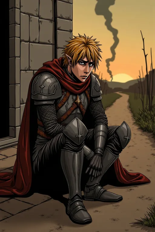 Prompt: 1man, early 40s, short spiky yellow hair, ultra hd, thick line art, highly detailed hair, depressing, dark around eyes, cry, autumn colored armor and cloak, sitting, spell gone wrong, wild magic, embers, smoke, gentle glow, dim light, sunset, shadows, pale stone wall, dirt road, trees, bushes horizon, moody, emotional, shadows, angular features, long face, long chin,