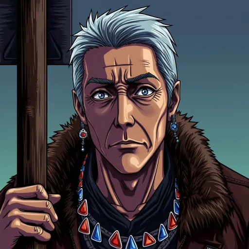 Prompt: (futuristic-vaporwave style image), (average aged old man), shaved grey stylized hair, bangs, symmetrical hair, (blue shiny soulful eyes), wearing a dark brown leather pilot jacket trimmed with fur, (holding a black and white sign post) glowing triangular red white black sea blue beads necklace, bead earrings, embodying industrious native culture, heavily accented dark circles around the eyes, darkened colors blending into the vibrant scene, yellow purple, blue red, brown, green, (highly detailed), (mood: depressing, intense).