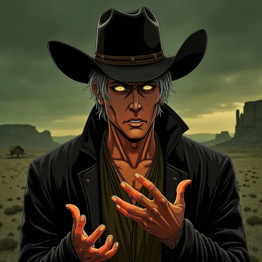 Prompt: (futuristic-vaporwave style image), (athletic bony old man), medium grey hair, (gold eyes), wearing a black rain jacket with cufflinks, glowing necklace, glowing earrings, embodying wild west, wide eyes reflecting a dark intensity, heavily accented dark circles around the eyes, matching cowboy hat, hands gesturing dramatically as he gives a speech to a novice cowboy wearing a felt hat, darkened colors blending into the vibrant scene, orange red, brown, green, (highly detailed), (mood: depressing, intense).