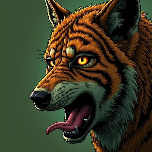 Prompt: (futuristic-vaporwave style image), (Large aged old angular weird wolf), warg, orange and black fur symmetrical stripes, (Black and red shiny soulful eyes), mouth open tongue out, embodying dark magic culture, heavily accented dark circles around the eyes, darkened colors blending into the vibrant scene, yellow orange, green, grey, brown, green, (highly detailed), (mood: depressing, intense).