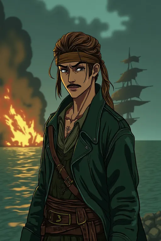 Prompt: (fantasy scene), a young athletic English man with (brown hair in a ponytail), wearing a (frilly corsair green jacket) and (bandanna), eyeshadow, thin mustache, wide lips, (dim lighting), (brown and green tones) with hints of (yellow lighting), (teal ocean), a monstrous creature (destroying a pirate ship) in the background, (4K, ultra-detailed, dynamic atmosphere).