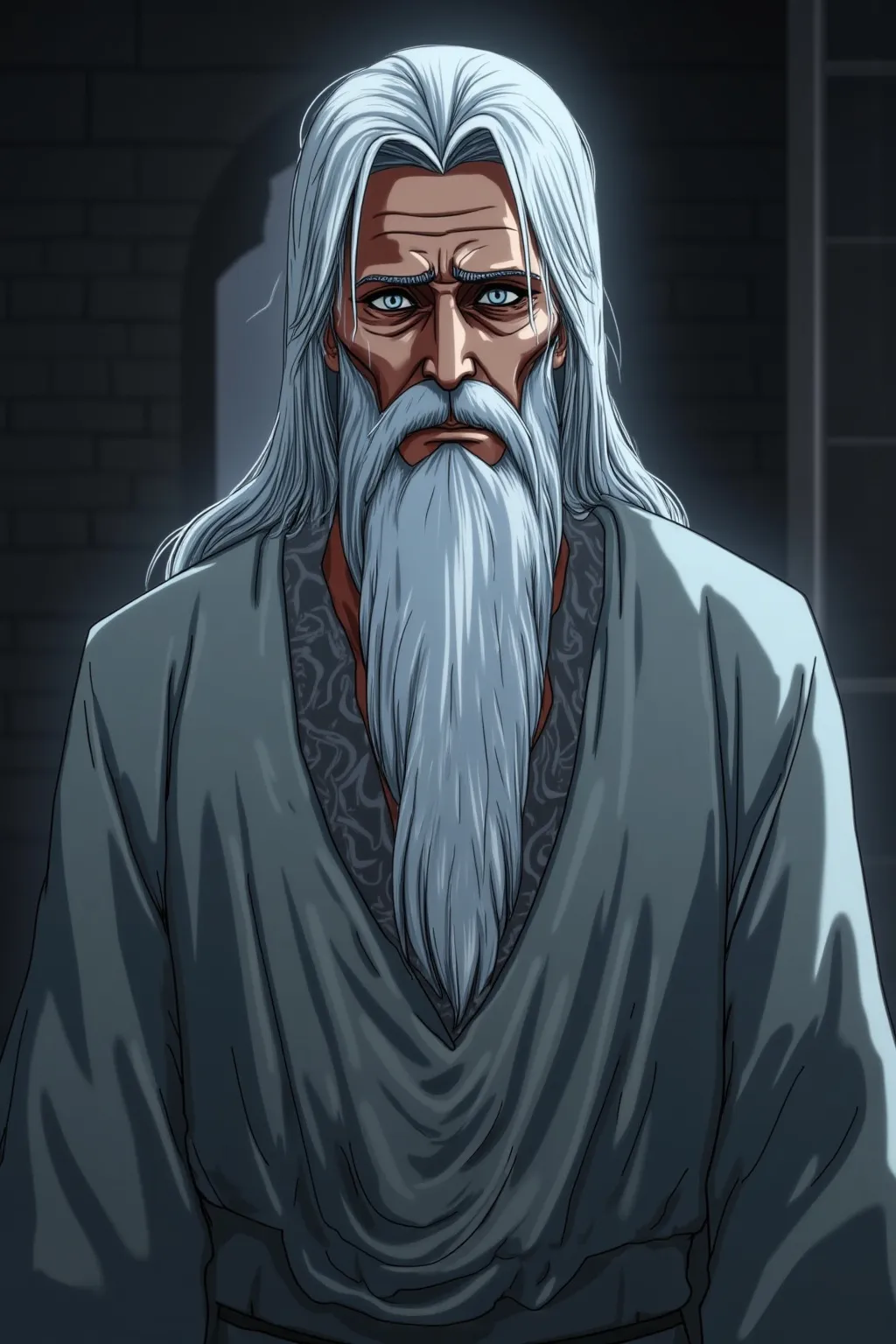 Prompt: (fantasy scene), an elderly tall man with ( detailed white straight hair back length), long grey beard, wearing a (frilly white grey dress robe) and (fancy shirt with patterns), eyeshadow, wide lips, frown, (grey and pale blue tones) with hints of (white highlights), (black grey furnished room the background), (4K, ultra-detailed, dynamic atmosphere).