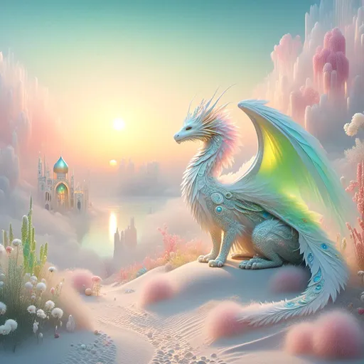 Prompt: <mymodel> Soft Blue glowing light with white foggy sunshine, a soft white furry dragon with iridescent pink, lime green reflecting scales, laying in foggy, white sand dunes, with pink, orange and gold sunshine, golden castles in the distance, and the sky is pink, lime green, and olive colors, it's sunset, there are peacock feathers, a lake, path of pebbles, stones, blended into the sky, with white weeping willows, daisies, lavender, and purple cone flowers.